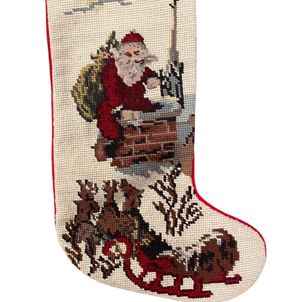 Vtg Needlepoint Cross Stitch Christmas Stocking Santa Chimney Sleigh Velvet Back - Picture 3 of 7